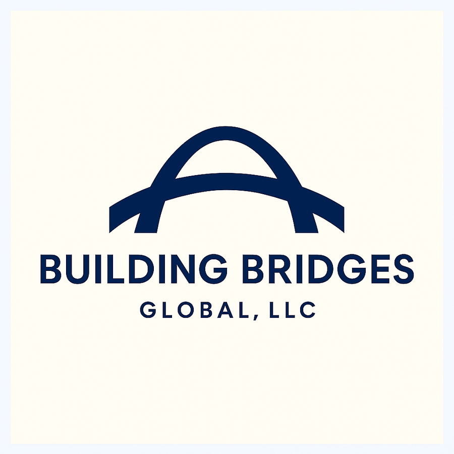 Logo for Building Bridges Global, LLC. It features a stylized dark blue bridge arching over the company name. The words “BUILDING BRIDGES” appear in bold uppercase letters beneath the bridge graphic, with “GLOBAL, LLC” in smaller capital letters below